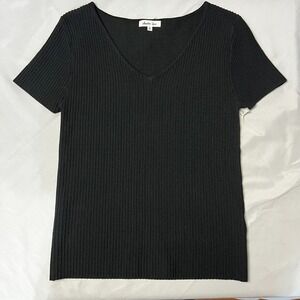 Another Love Ribbed Knit Top Scoop V-Neck‎ Short SL Classic Black Tee Shirt Sz S
